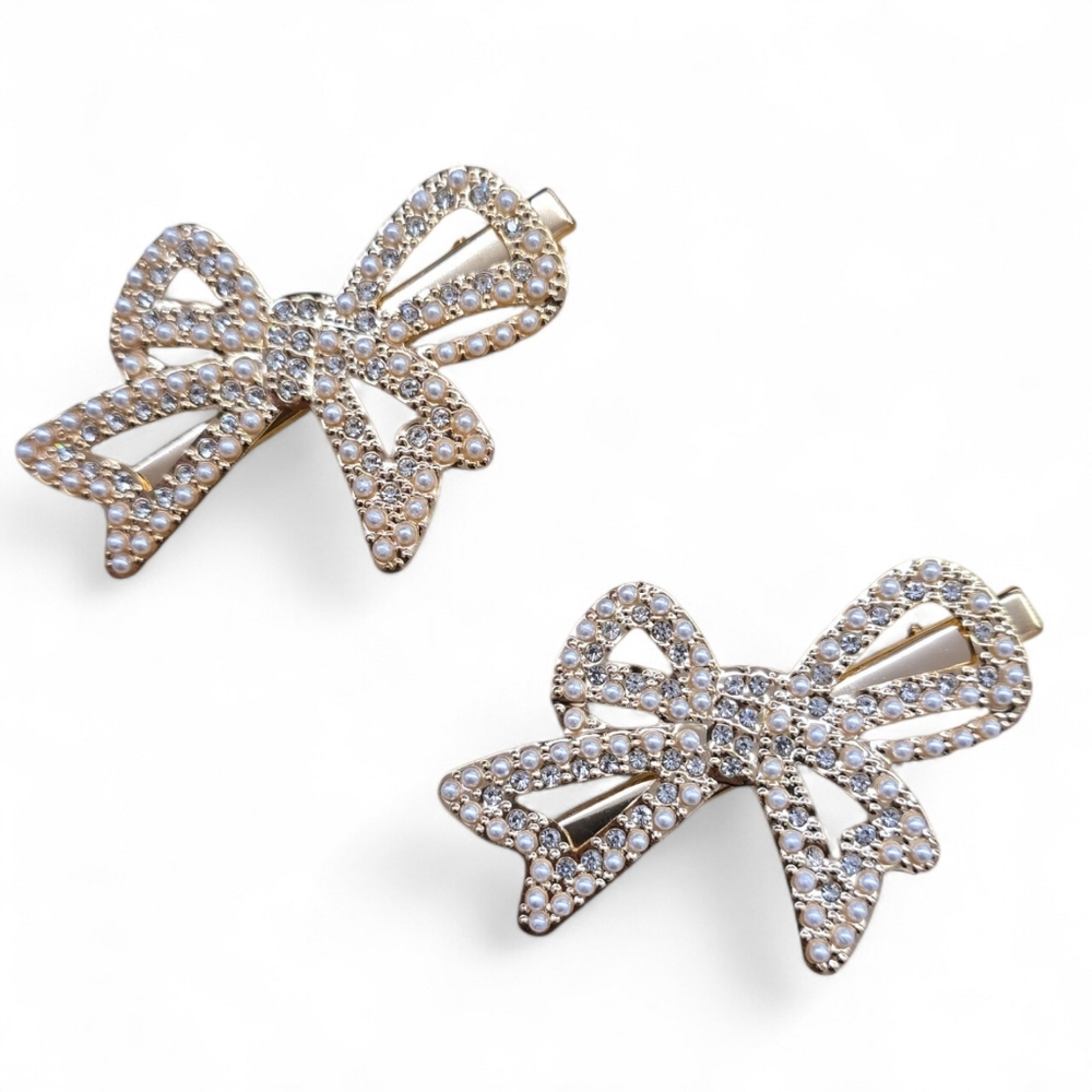 Sparkling Bow Hair Clips | Set‎ Of Two| Available In Gold Tone Or Silver Tone